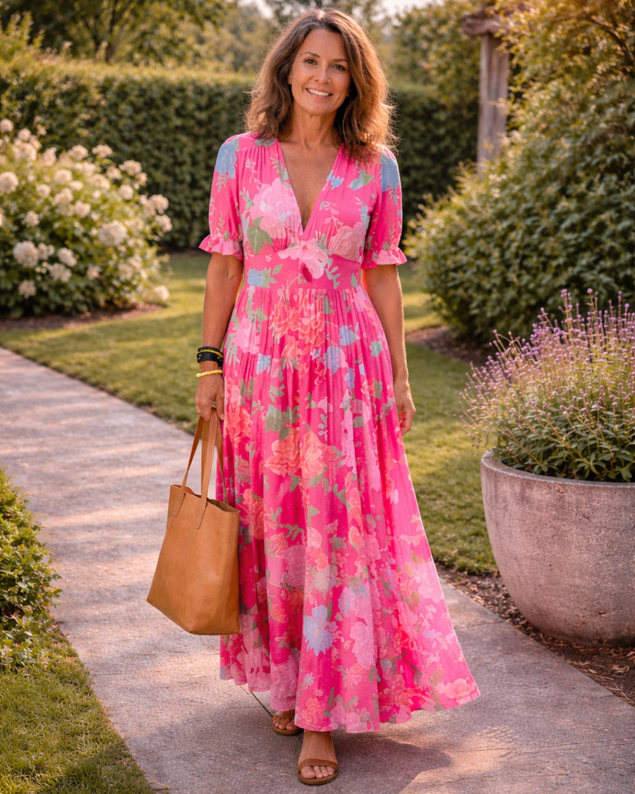 Ione | Short Sleeve V Neck Floral Midi Dress