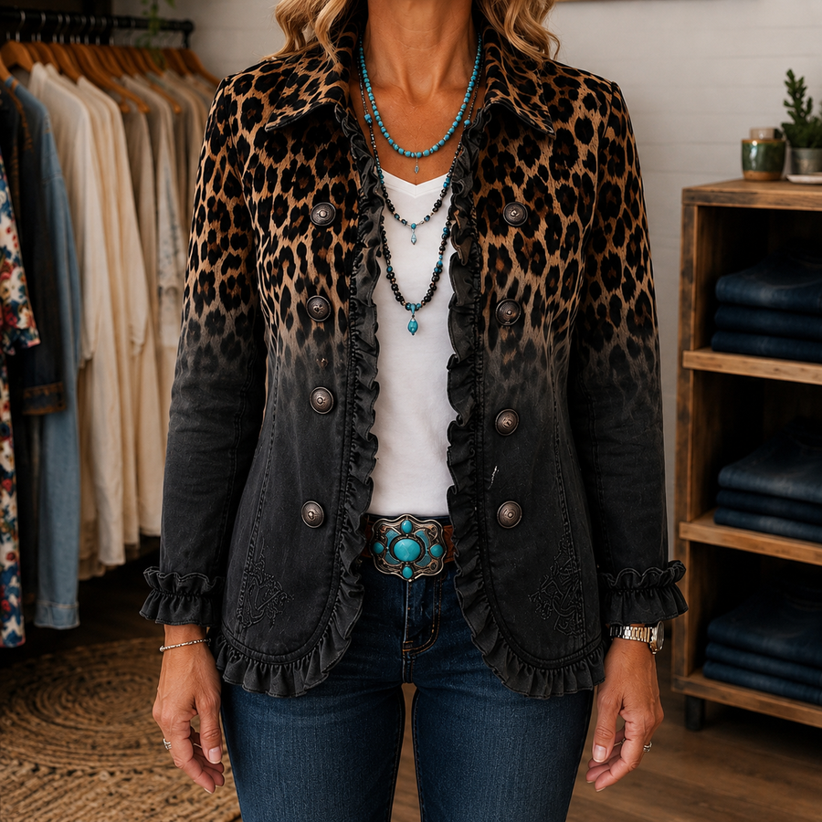 Bold Boho Leopard & Teal Ruffle Blazer Jacket