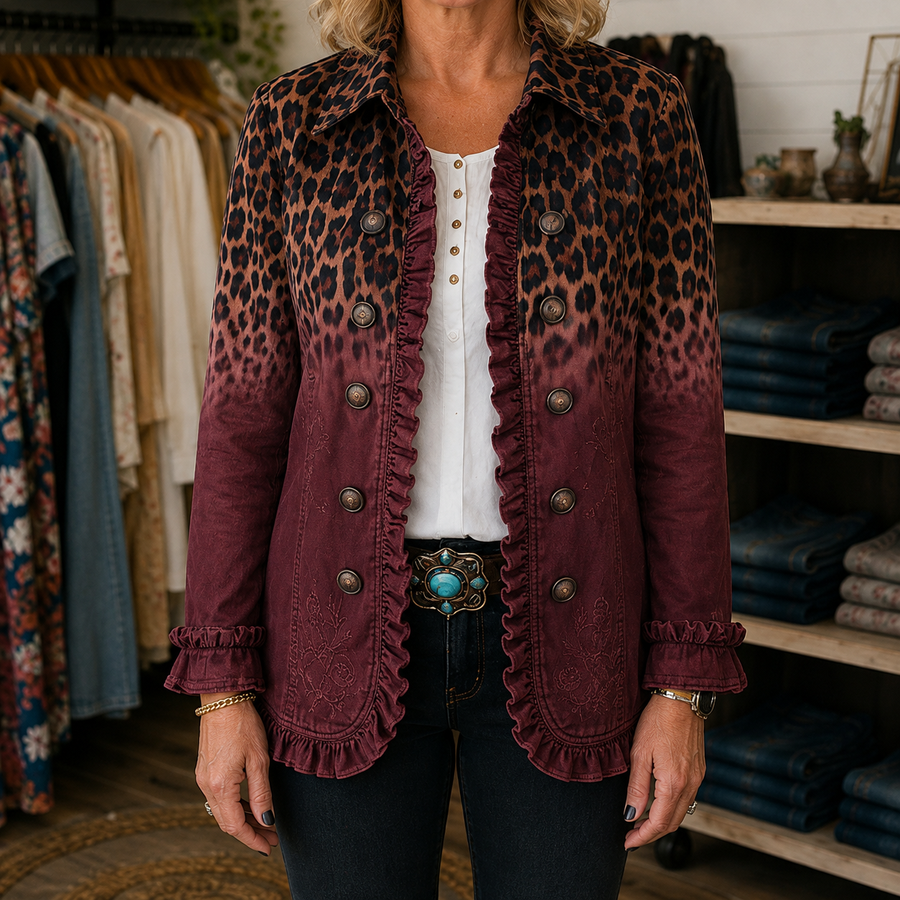 Bold Boho Leopard & Teal Ruffle Blazer Jacket