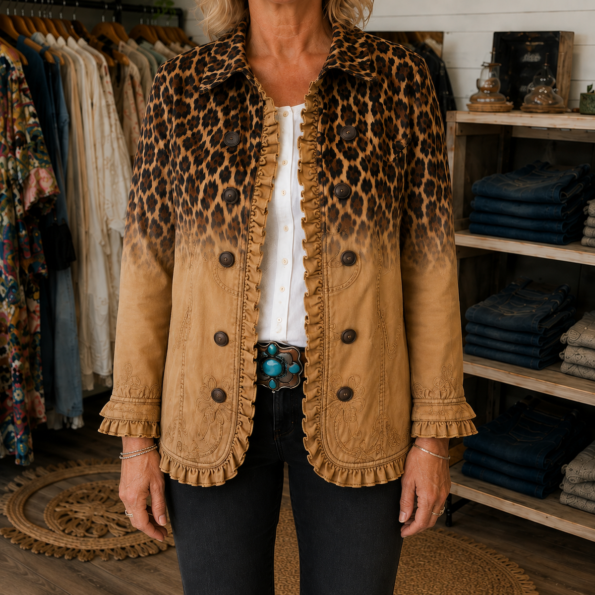 Bold Boho Leopard & Teal Ruffle Blazer Jacket