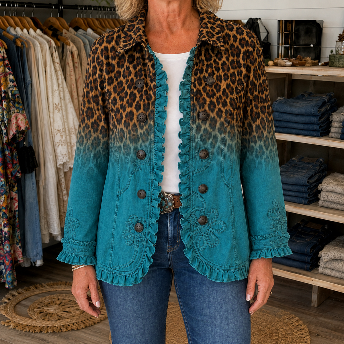 Bold Boho Leopard & Teal Ruffle Blazer Jacket