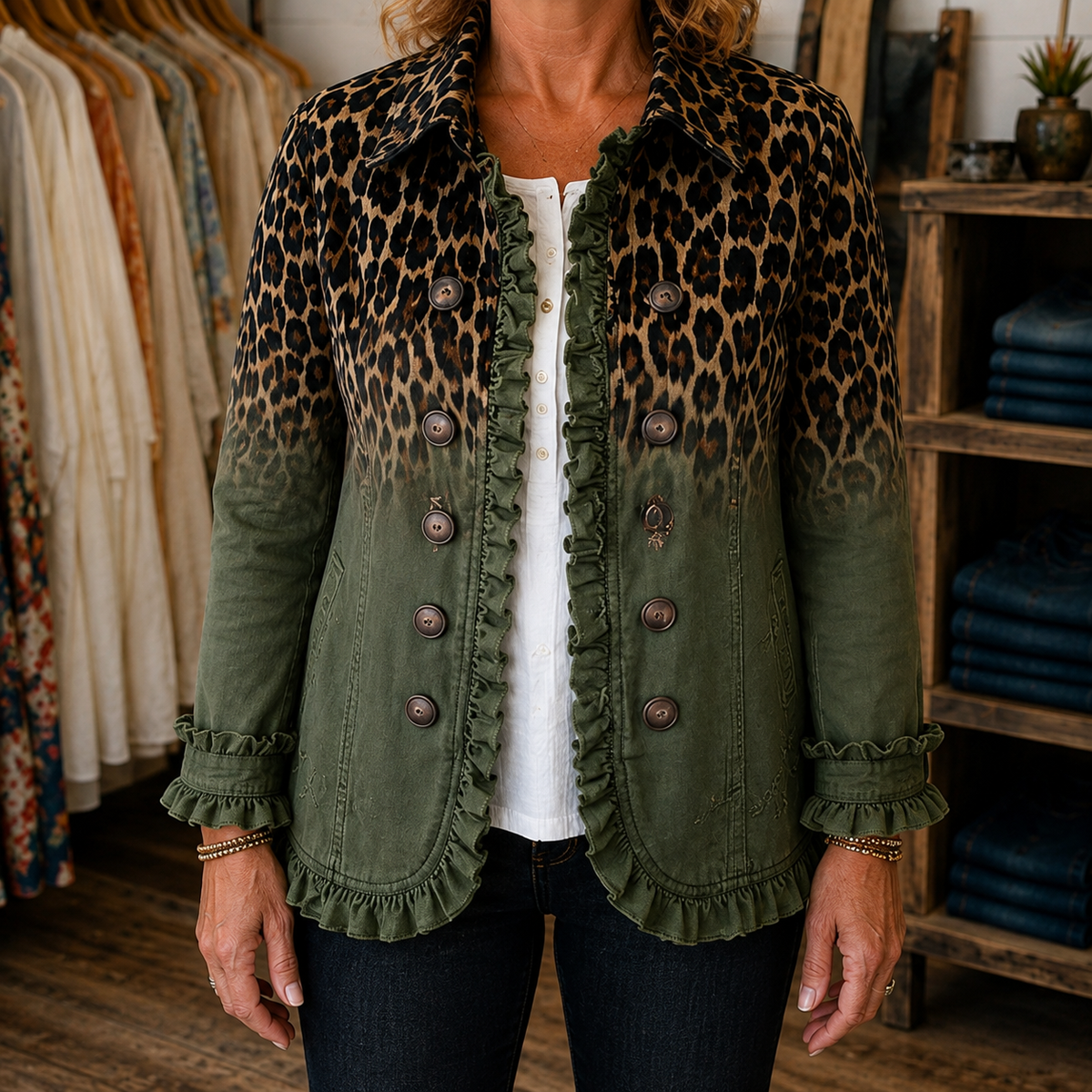 Bold Boho Leopard & Teal Ruffle Blazer Jacket