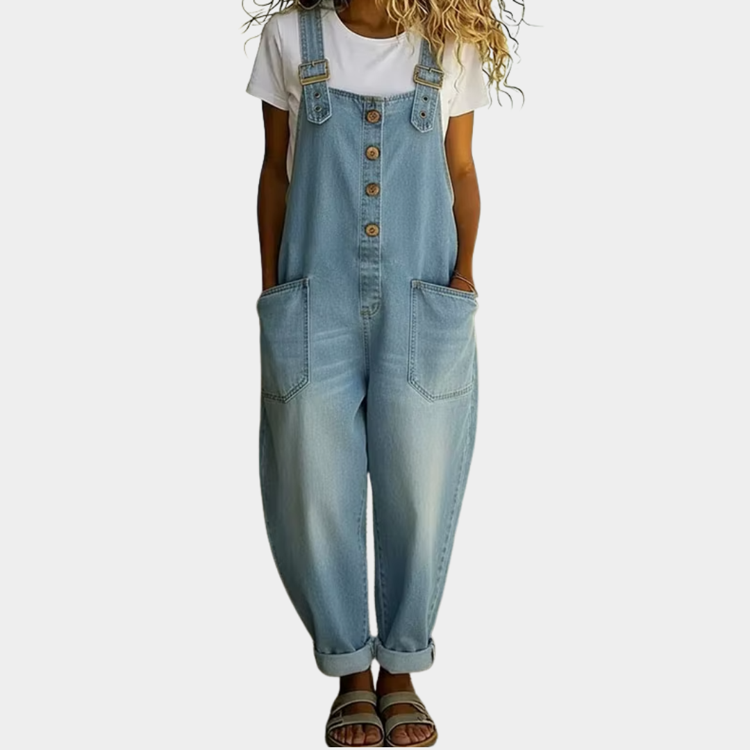 Mae | Vintage Soft Cotton Denim-Look Dungarees with Adjustable straps