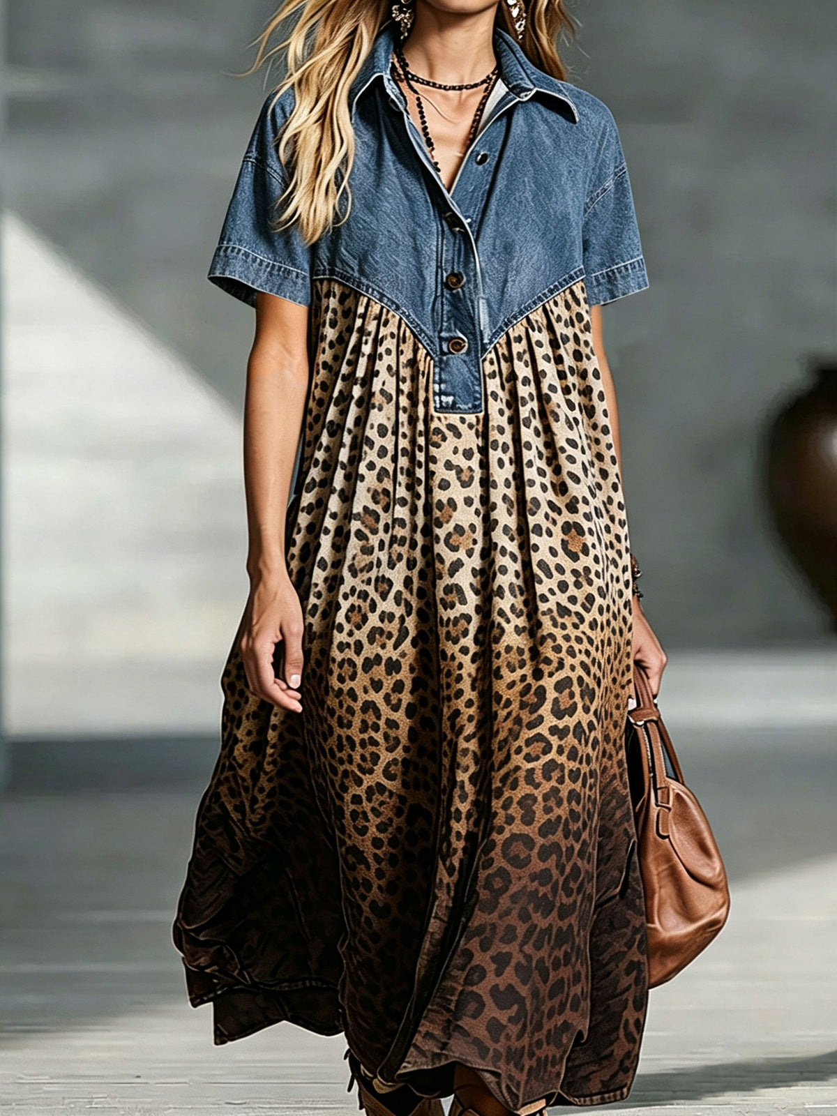 The Sienna Denim & Leopard Maxi Dress