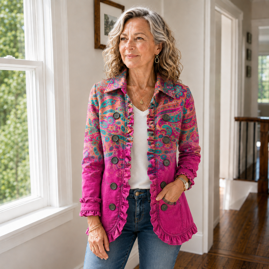 Paisley Gradient Print Linen-cotton Ruffled Jacket