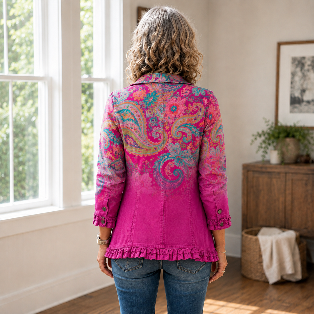 Paisley Gradient Print Linen-cotton Ruffled Jacket
