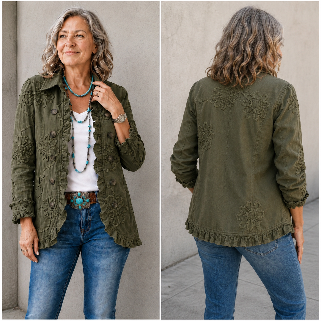 Boho-chic Floral Embroidered Utility Ruffled Trim Jacket